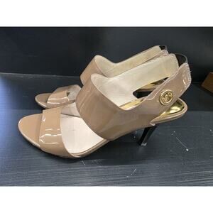 Michael KORS ROCHELLE MK Gold LOGO TAUPE PATENT SLINGBACK SANDALS 6.5